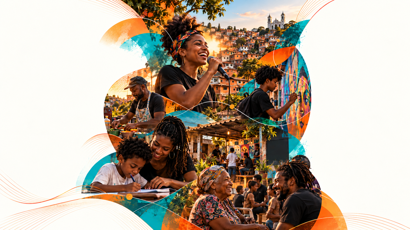 Composição ilustrativa de cultura, educação, convivência e atividades locais conectadas em um bairro.